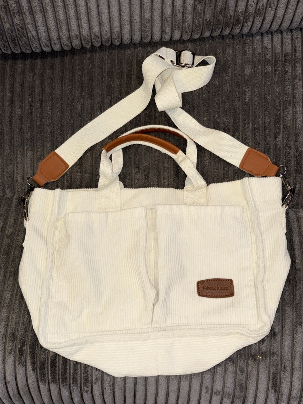 White Canvas Tote Bag with Brown Trim - Sporty Everyday Women’s Bag